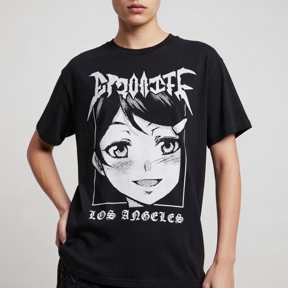 EMO NITE Los Angeles Anime Graphic T Shirt Black Short Sleeve Size Medium